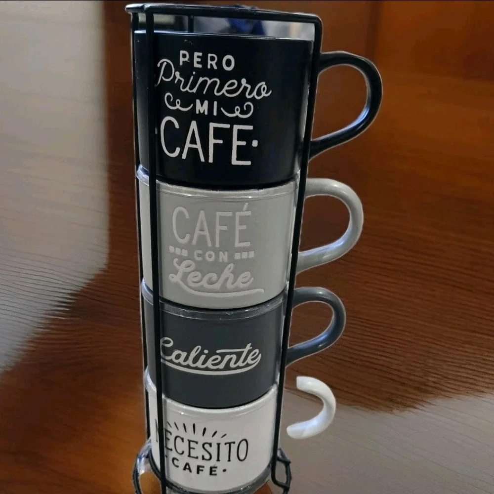 4 Stoneware Stackable Coffee Mug Set with Stand  Spanish Coffee Inspired Saying. - Picture 3 of 10